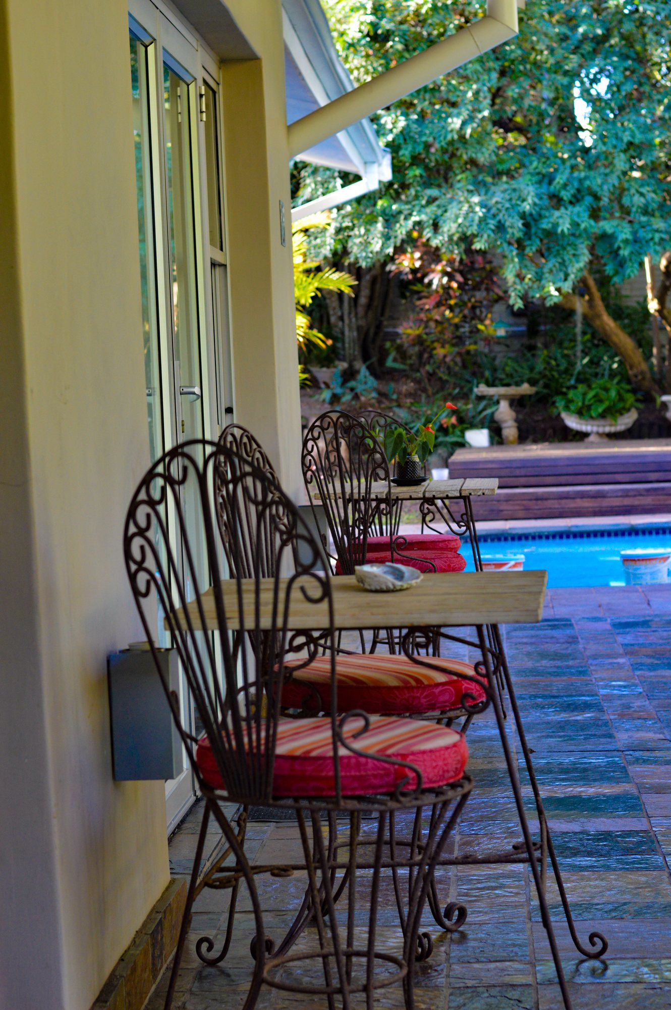 Yellowwoods pool and garden under evening light