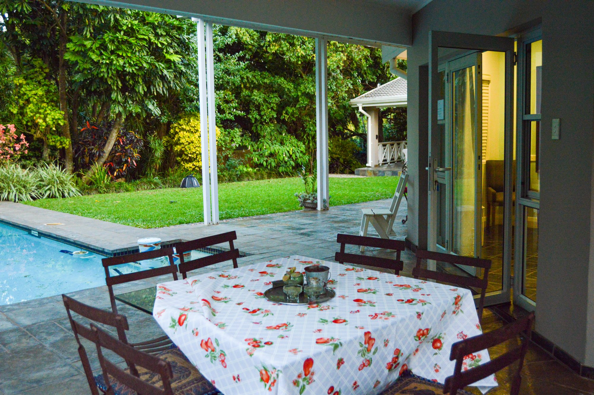 Swimming pool, lawn and mature trees in the grounds of Yellowwoods Bed & Breakfast